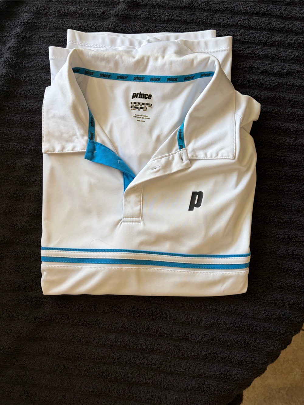 Prince White Tennis Polo with Blue Trim and Chest Logo